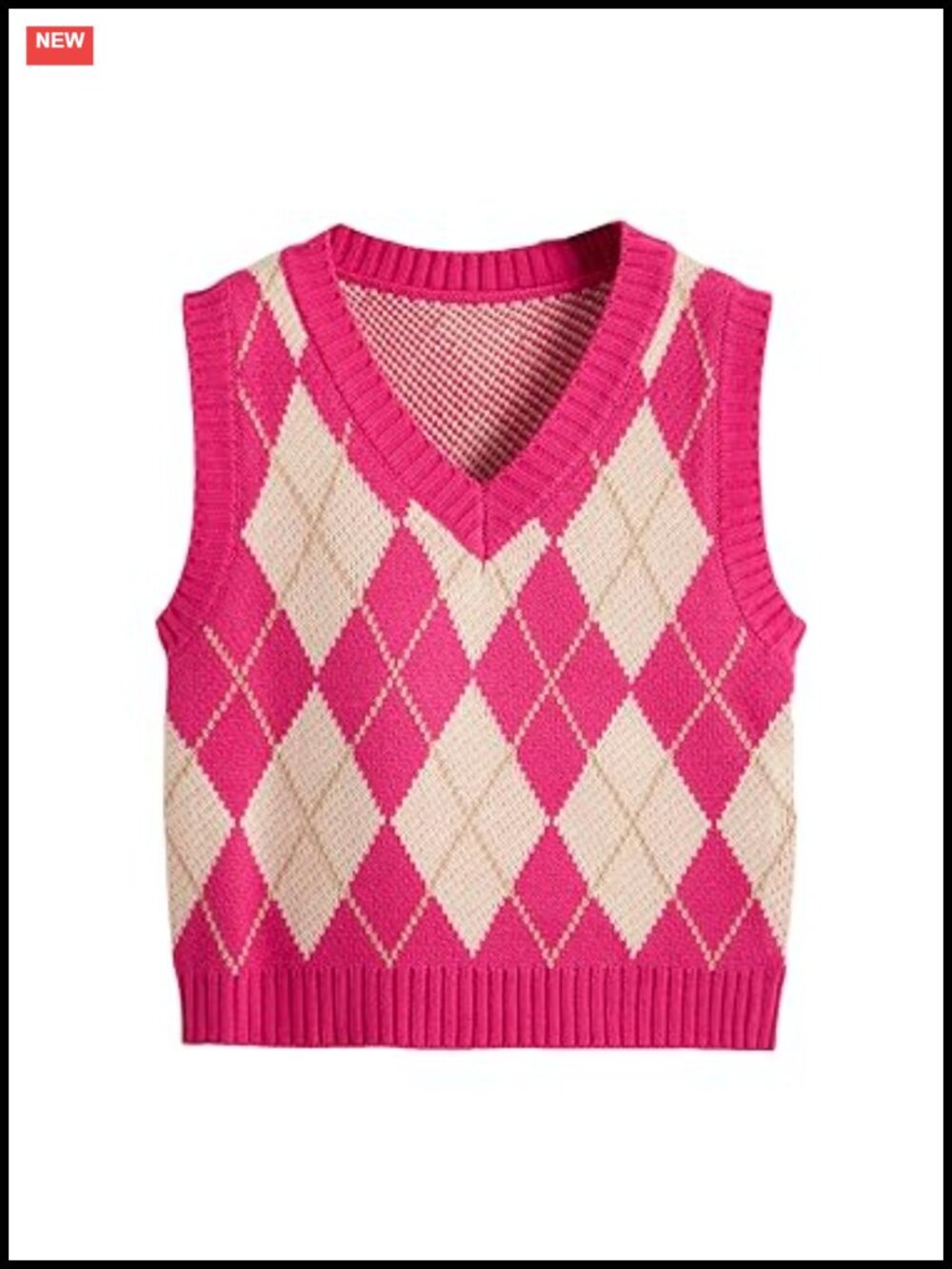 Sleeveless V Neck Knit Crop Top Sweater Vest Plaid Geo Pattern